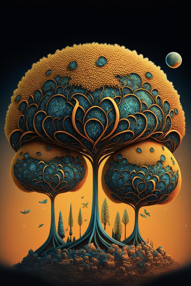 a painting of a tree with a moon in the background. . photo