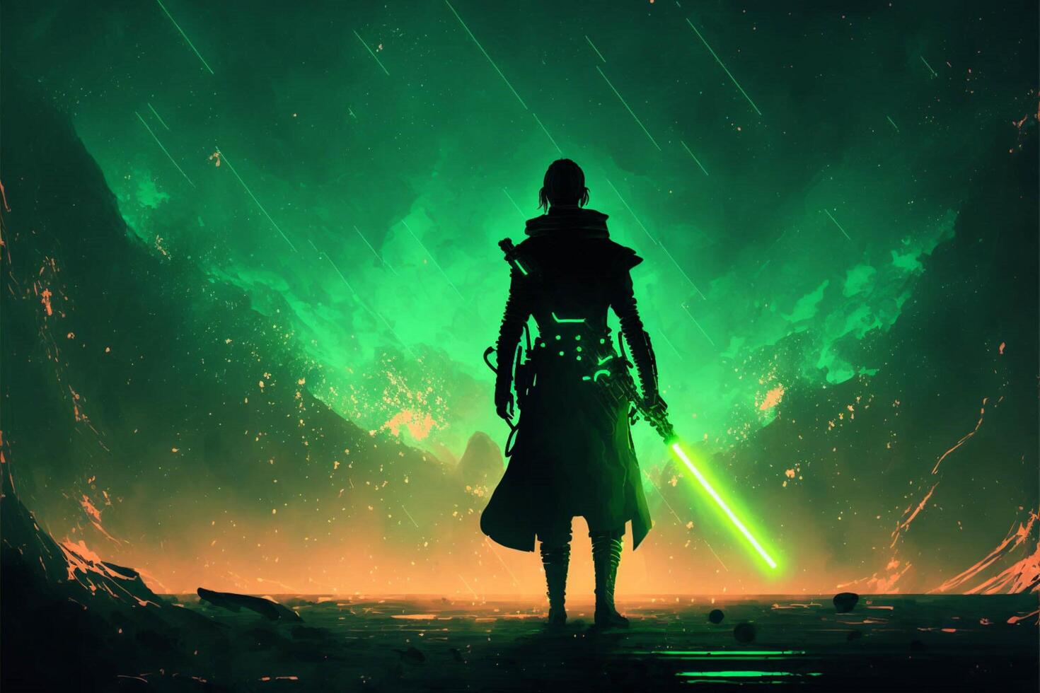 man standing in front of a green light saber. . photo