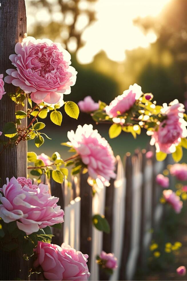 bunch of pink flowers sitting on top of a wooden fence. . photo
