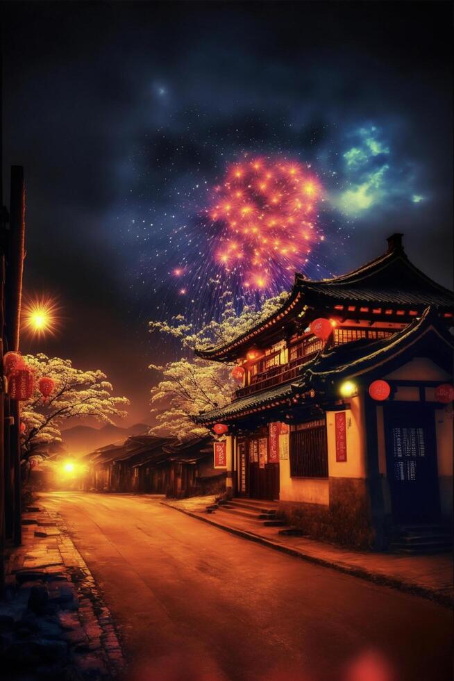 street with a building and fireworks in the sky. . photo