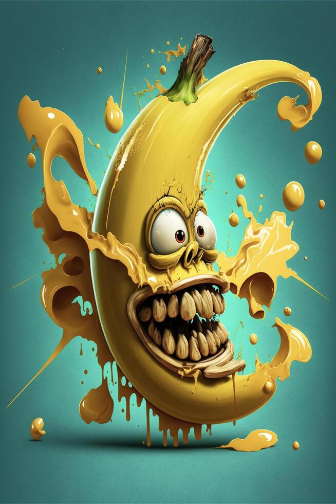 cartoon banana with a big grin on its face. . photo