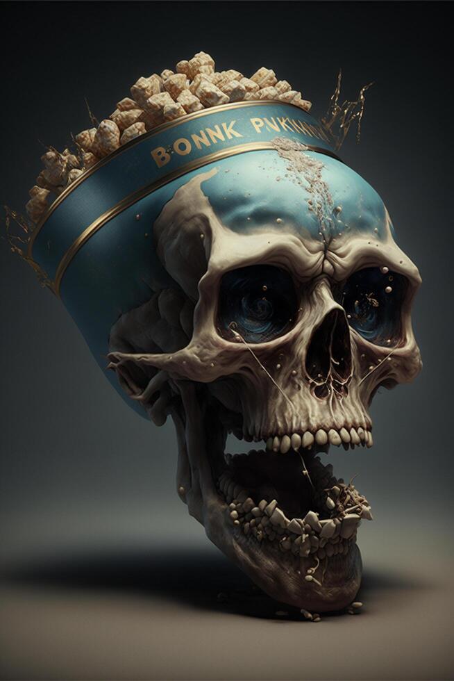 skull with a bowl of popcorn on its head. . photo