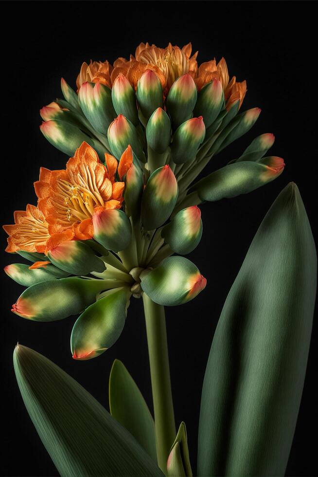 close up of a plant with orange flowers. . photo