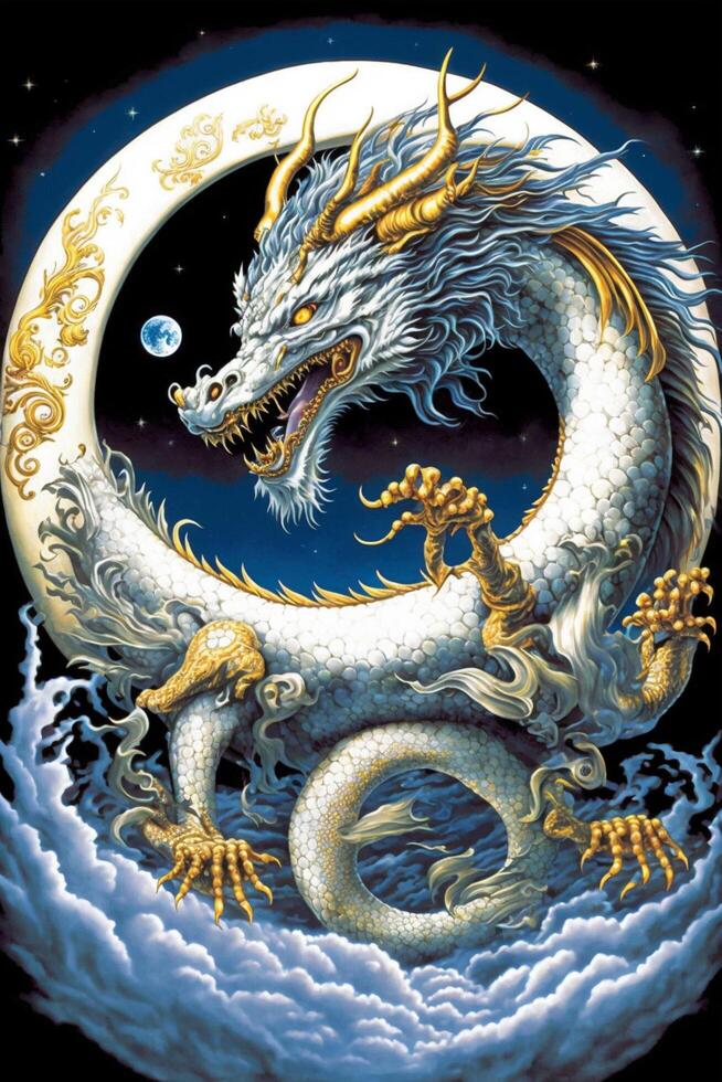 white dragon sitting on top of a moon. . photo