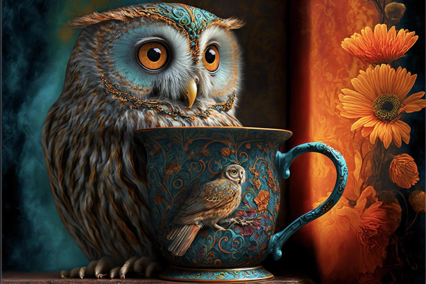 a painting of an owl sitting on top of a cup. . photo