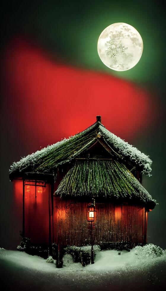 hut in the snow with a full moon in the background. . photo