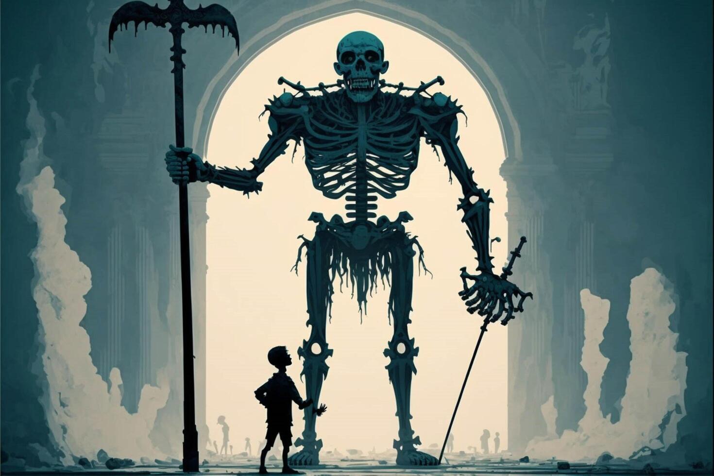 man standing in front of a giant skeleton. . photo