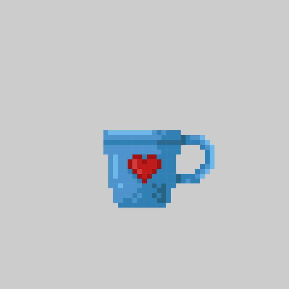 blue cup with love sign in pixel art style vector