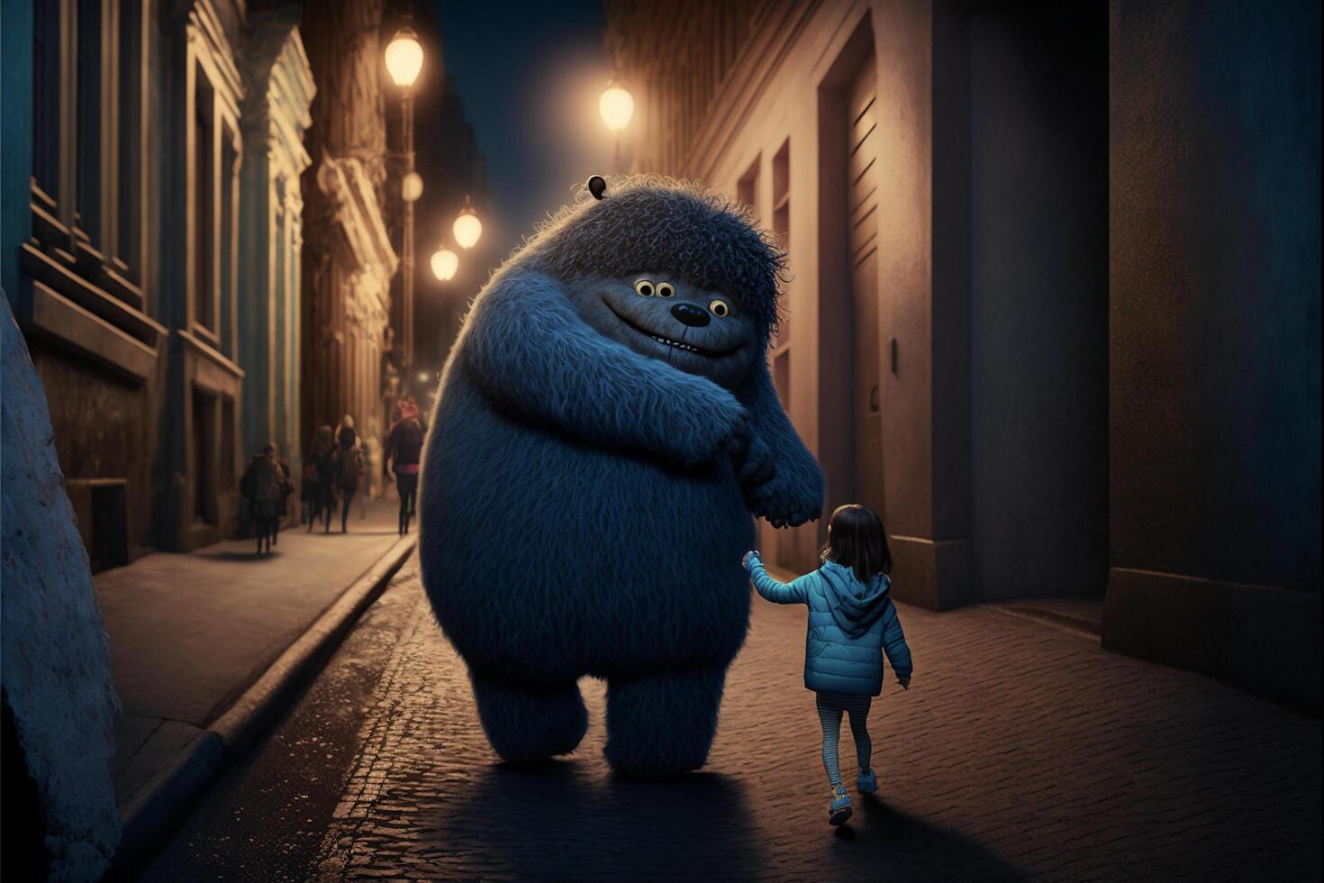 little girl standing next to a big blue monster. . photo