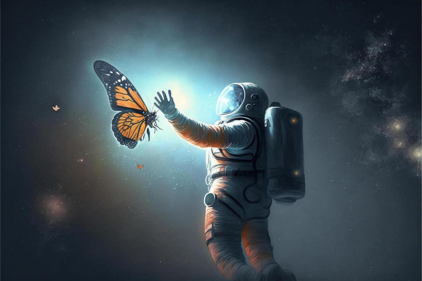 an astronaut with a butterfly in his hand. . photo