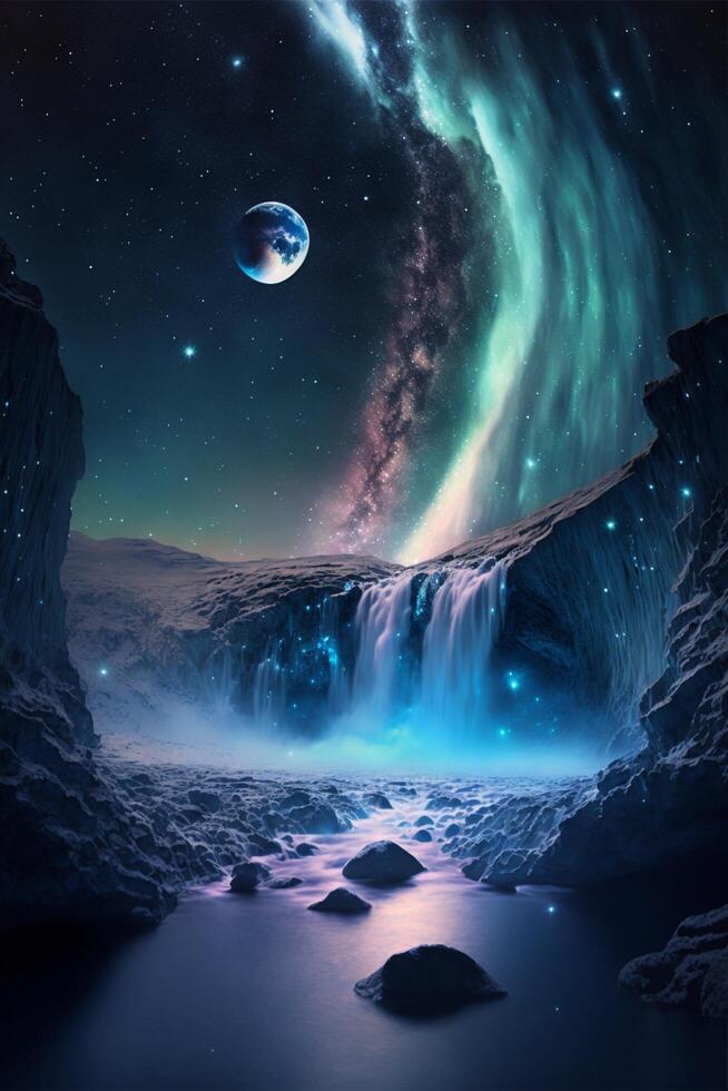 view of a waterfall with a planet in the background. . photo