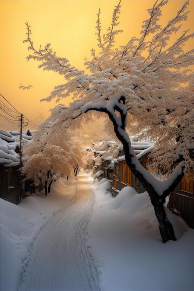 árbol cubierto en nieve siguiente a un la carretera. generativo ai. foto