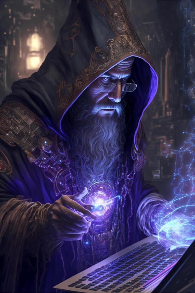 an image of a wizard using a laptop. . photo