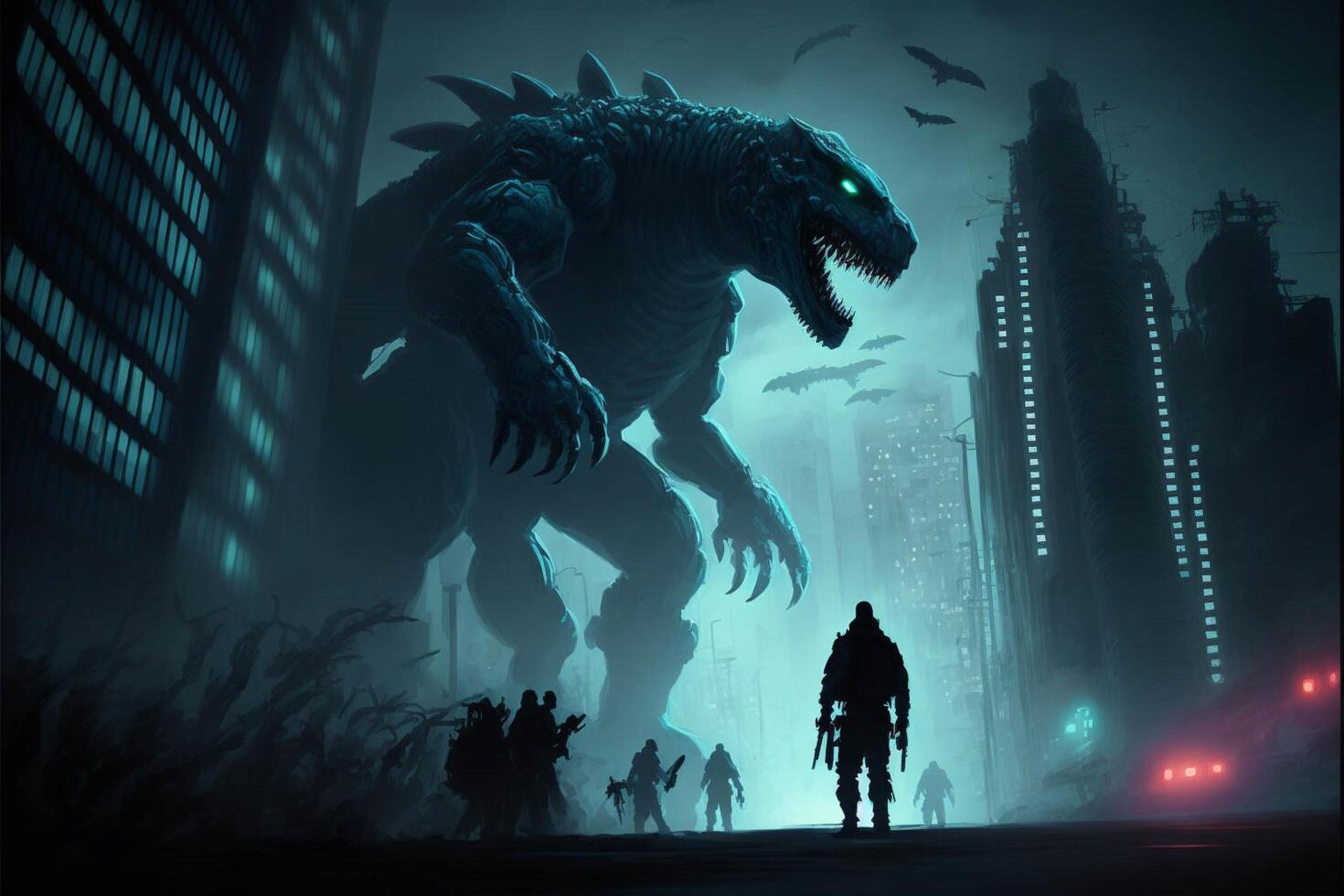 group of people standing in front of a giant monster. . photo