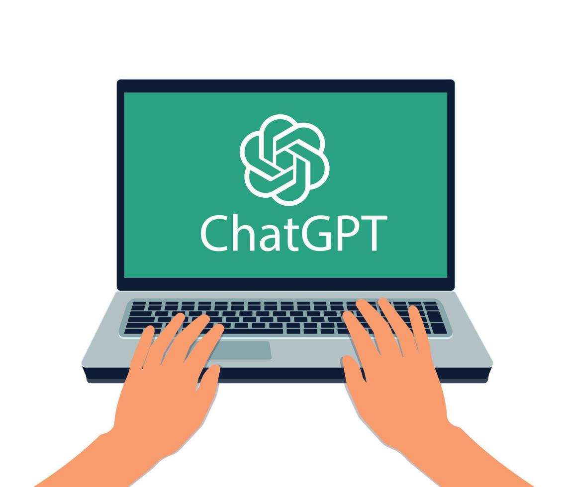 minsk, bielorrusia - 04-02-2023. un persona usos un artificial chatbot sistema asistente en un ordenador portátil. trabajo y comunicación a computadora con artificial inteligencia tecnología abierto y chatgpt charla larva del moscardón vector