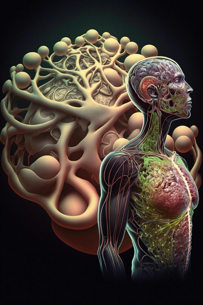 close up of a human body with a brain in the background. . photo