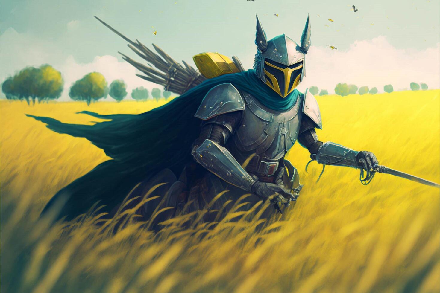 man in armor holding a sword in a field. . photo