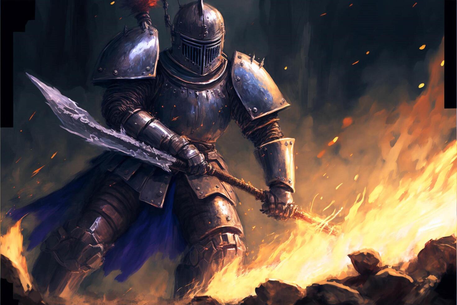man in armor holding a sword in front of a fire. . photo