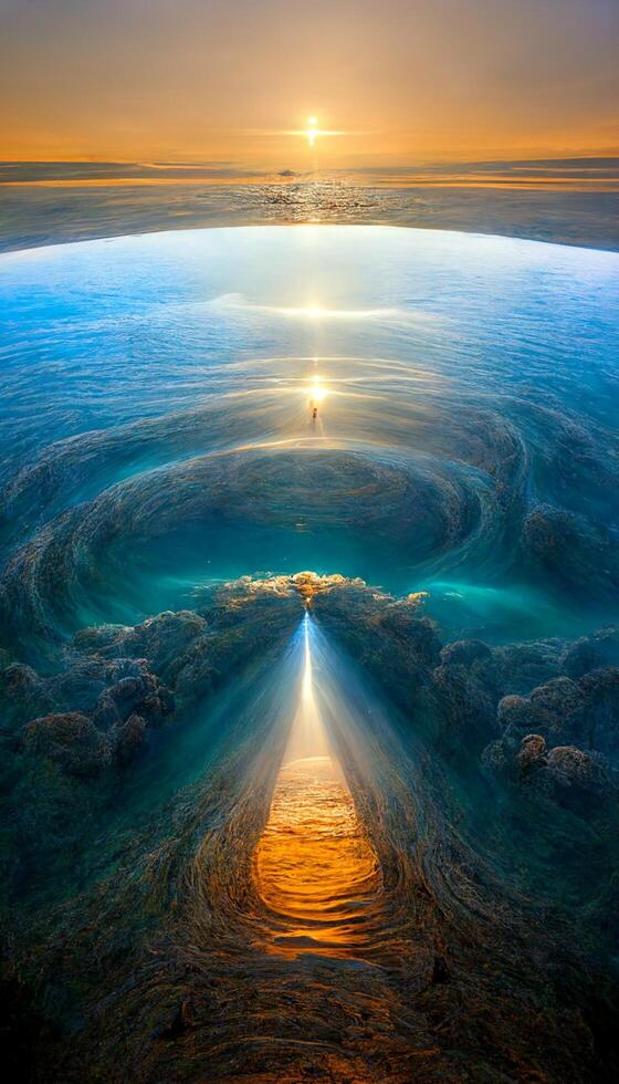 man standing at the end of a tunnel in the middle of the ocean. . photo