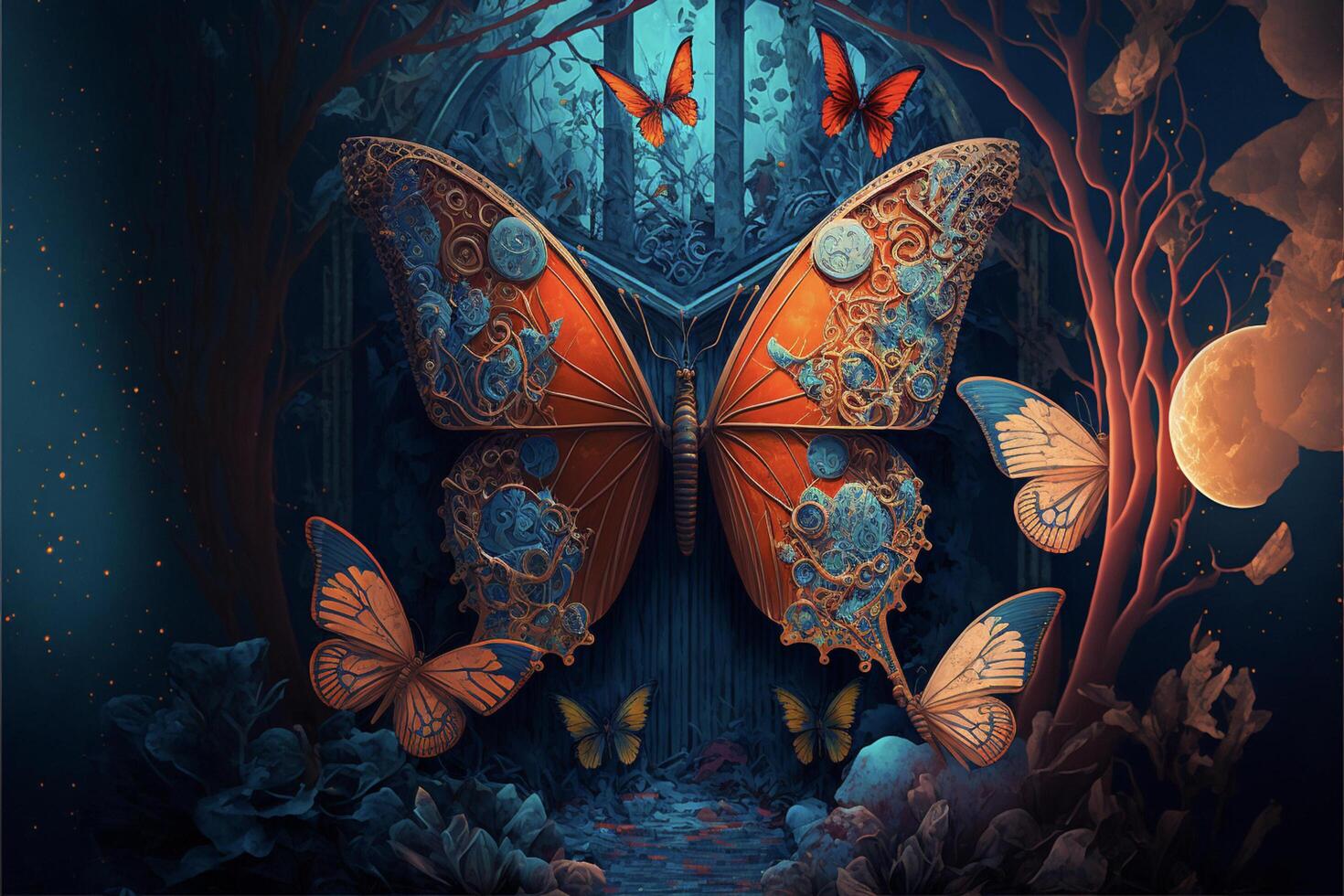 a digital painting of a butterfly in a forest. . photo