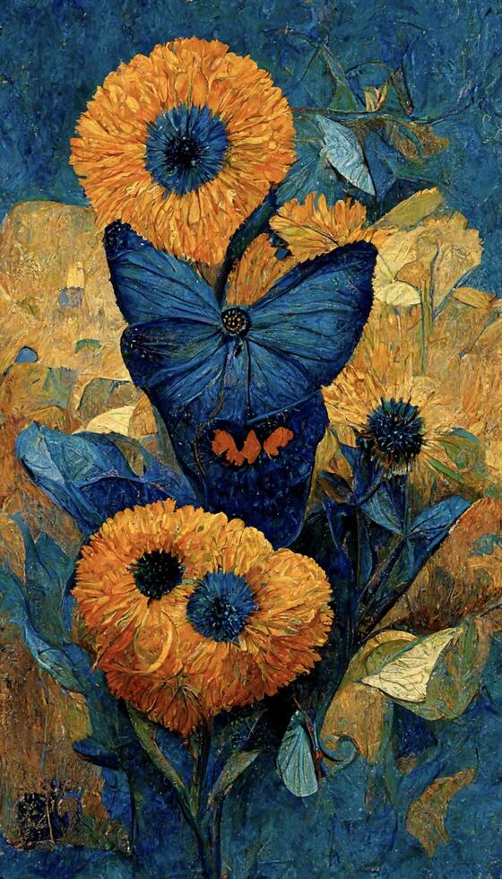 a painting of sunflowers and a blue butterfly. . photo