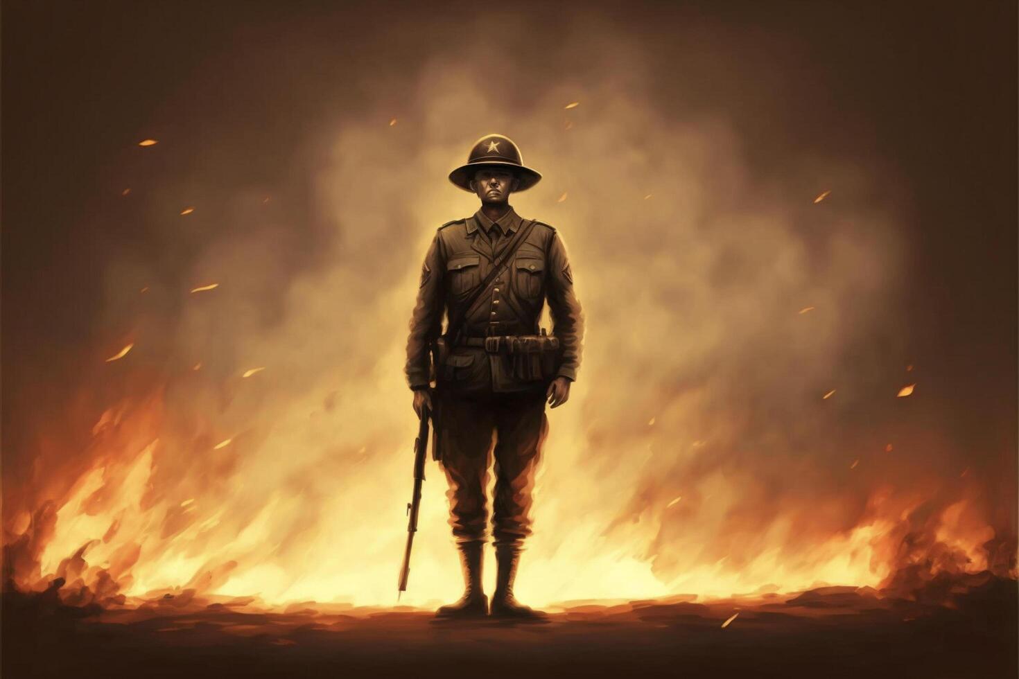 hombre en uniforme en pie en frente de un fuego. generativo ai. foto