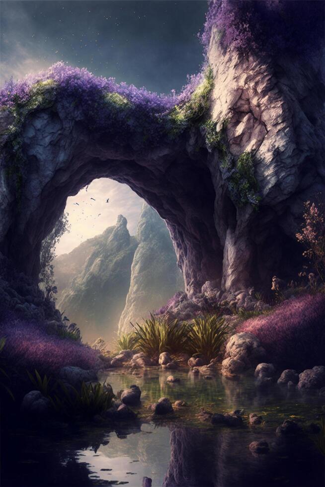 painting of a cave in the middle of a mountain. . photo