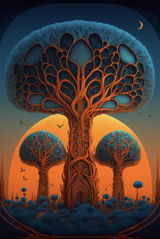 a group of trees sitting on top of a lush green field. . photo