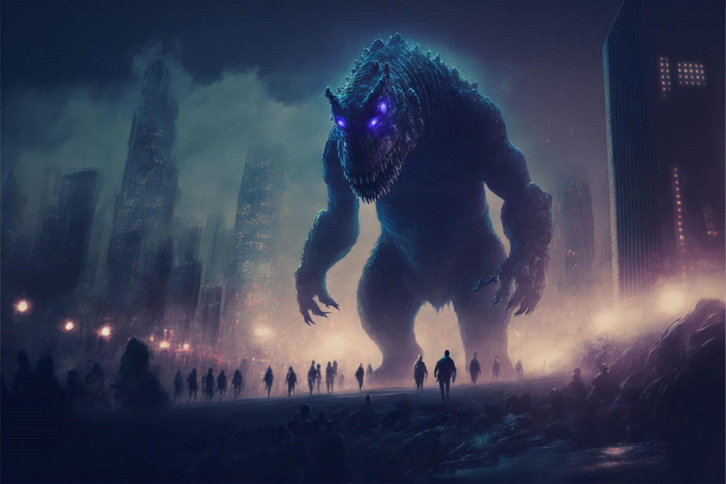 group of people standing in front of a giant monster. . photo