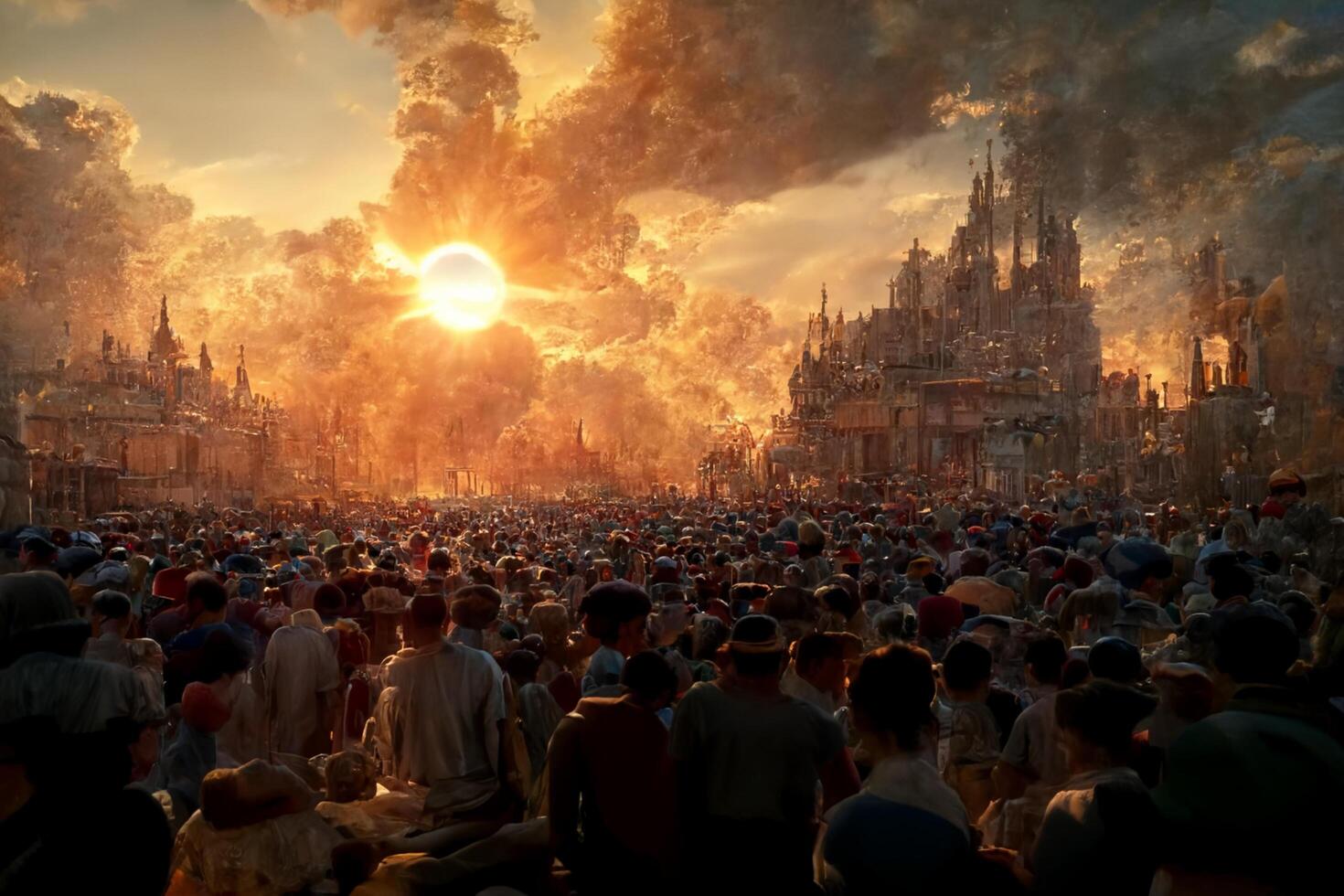 crowd of people standing in front of a castle. . photo