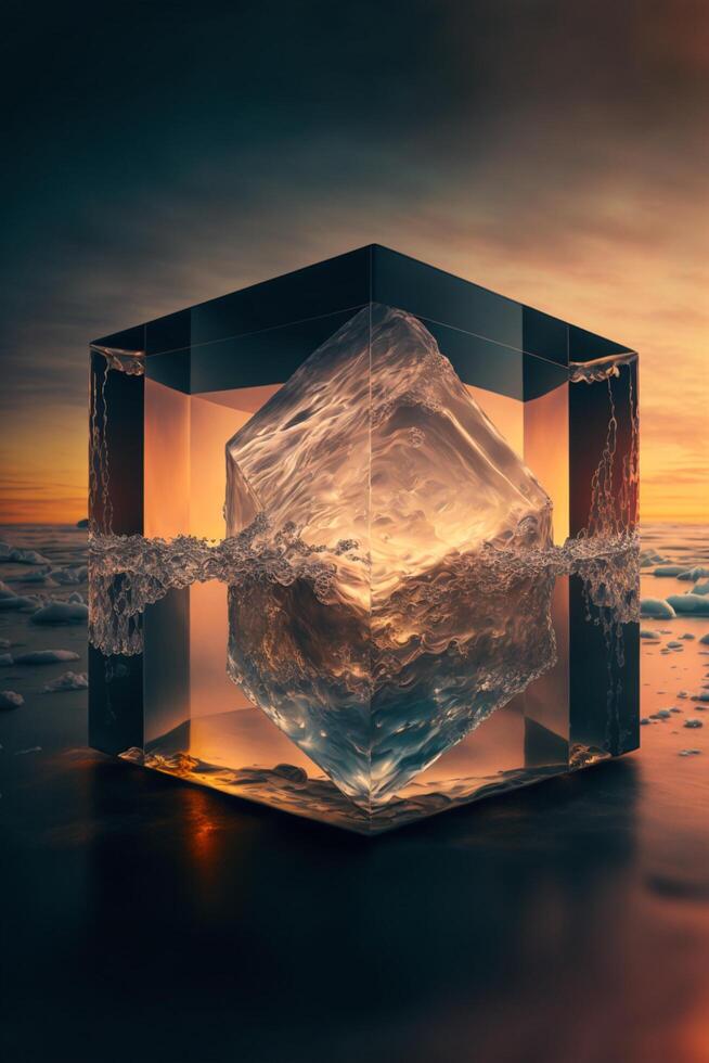 an ice cube sitting on top of a beach. . photo