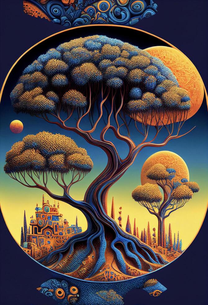a painting of a tree with a castle in the background. . photo