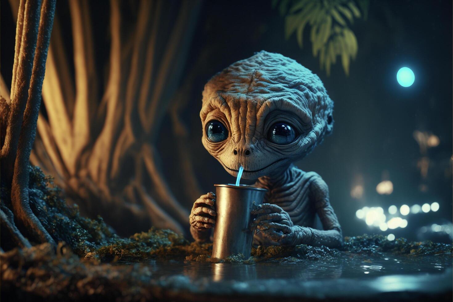 cerca arriba de un pequeño extraterrestre con un beber. generativo ai. foto