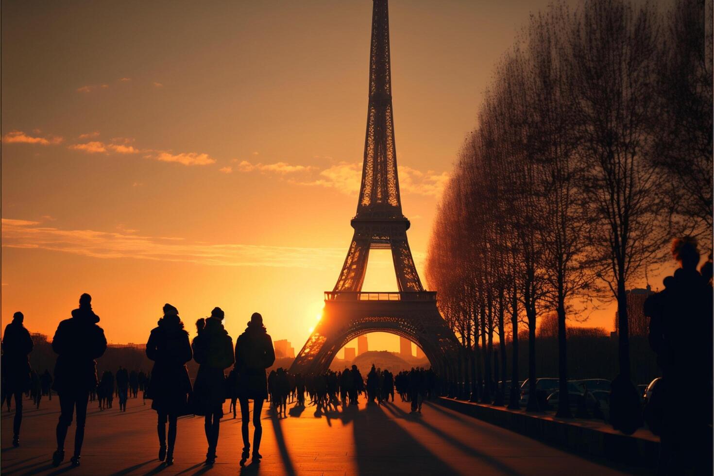 group of people walking in front of the eiffel tower. . photo