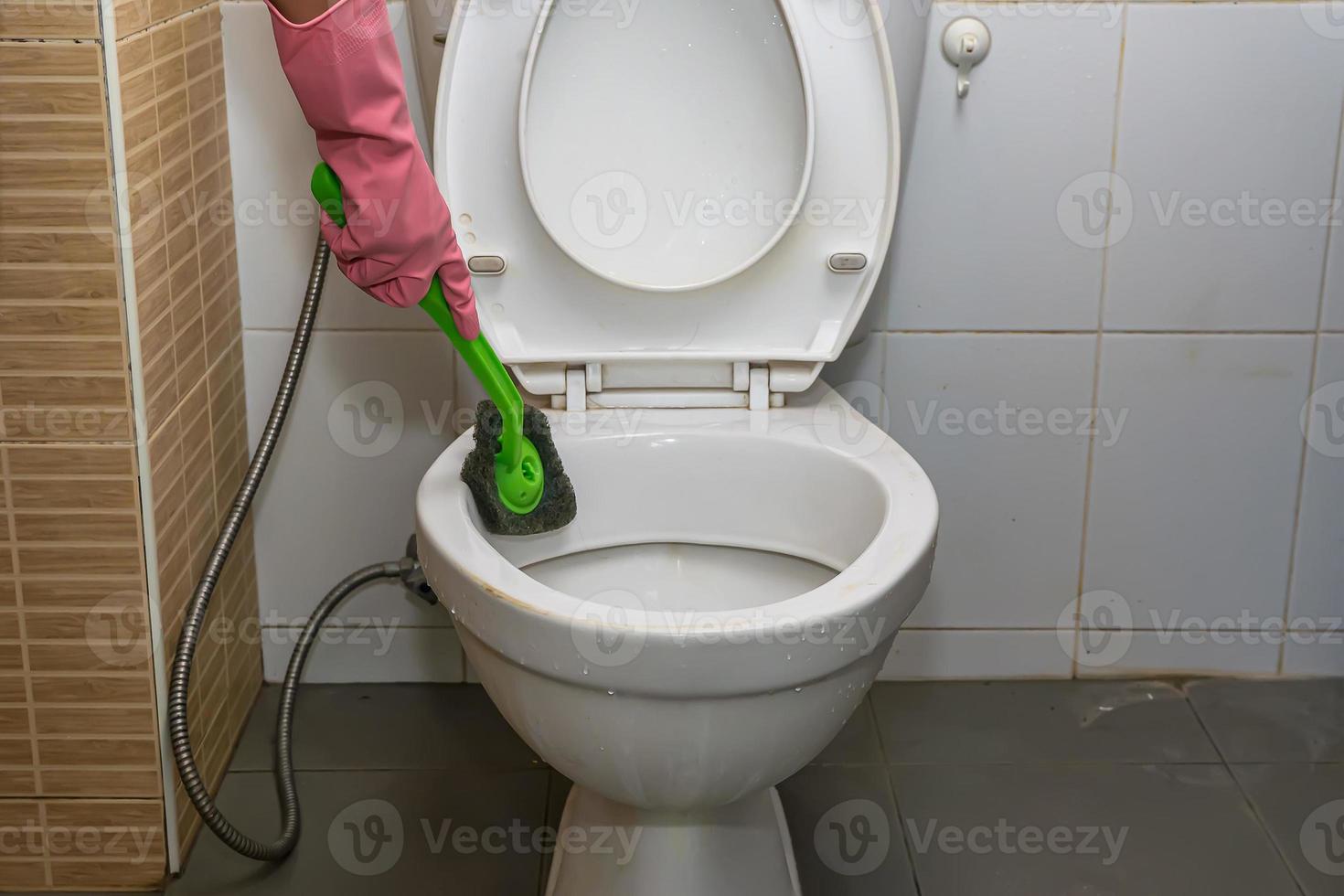 Woman cleaning toilet photo