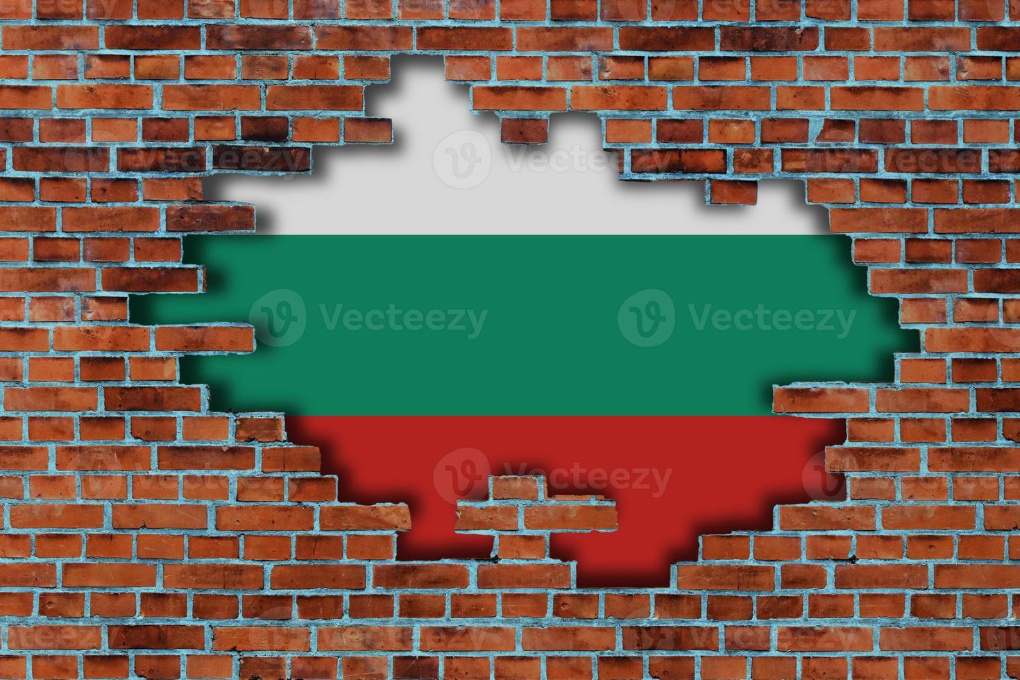 3D Flag of Bulgaria behind the broken old stone wall background. photo