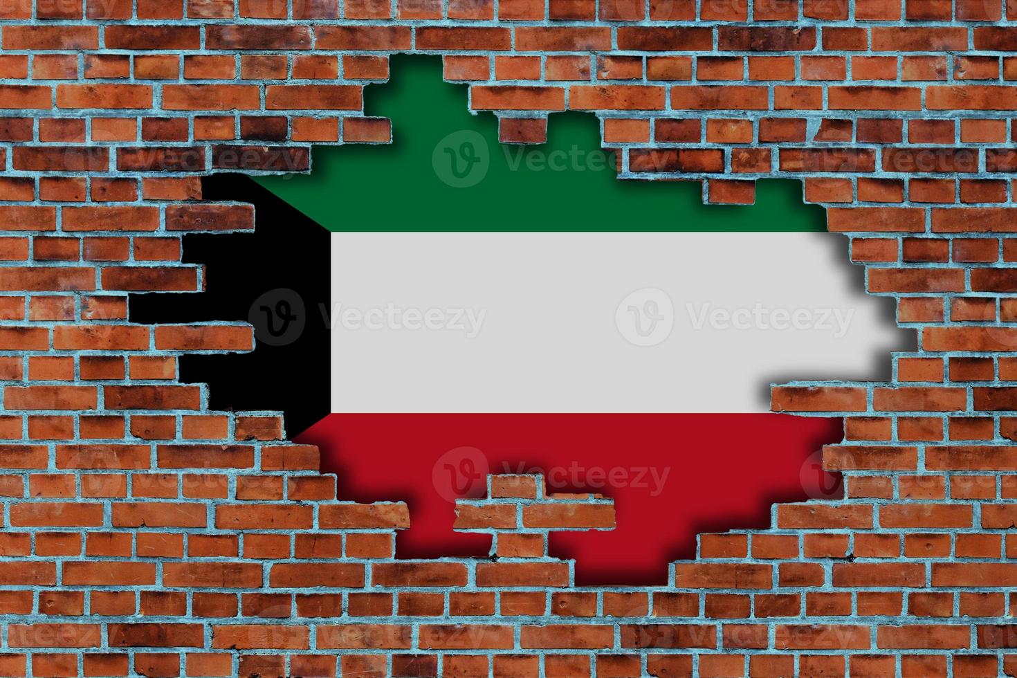 3D Flag of Kuwait behind the broken old stone wall background. photo