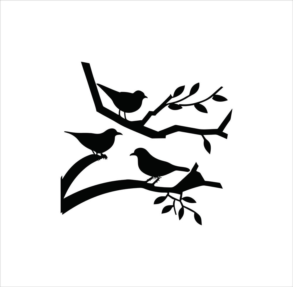 Three sitting birds on branch silhouette vector art.