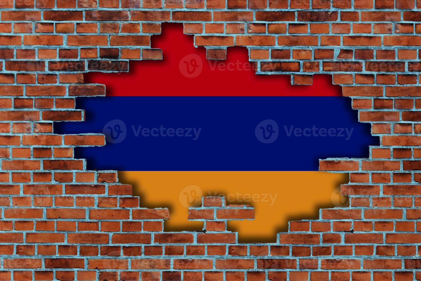 3D Flag of Armenia behind the broken old stone wall background. photo
