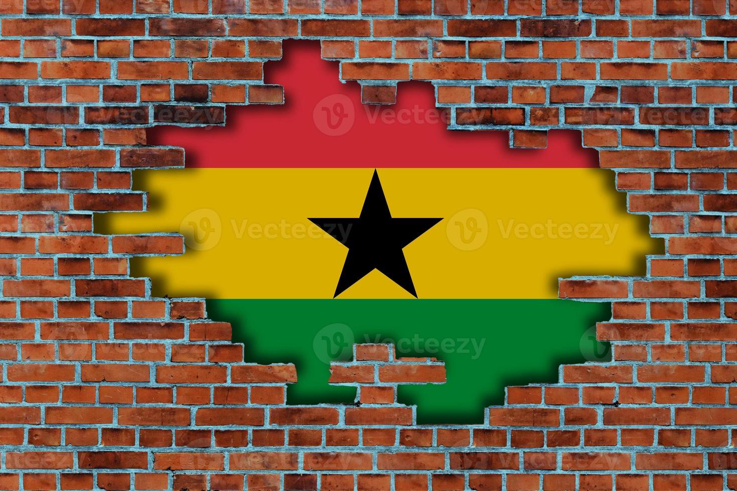 3D Flag of Ghana behind the broken old stone wall background. photo