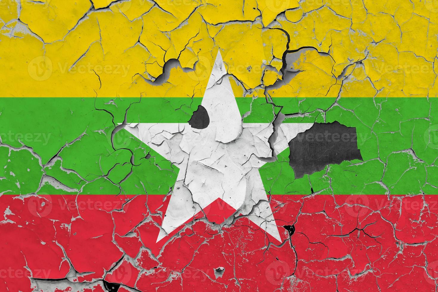 3D Flag of Myanmar on an old stone wall background. photo