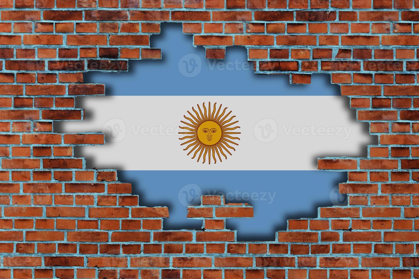 3D Flag of Argentina behind the broken old stone wall background. photo