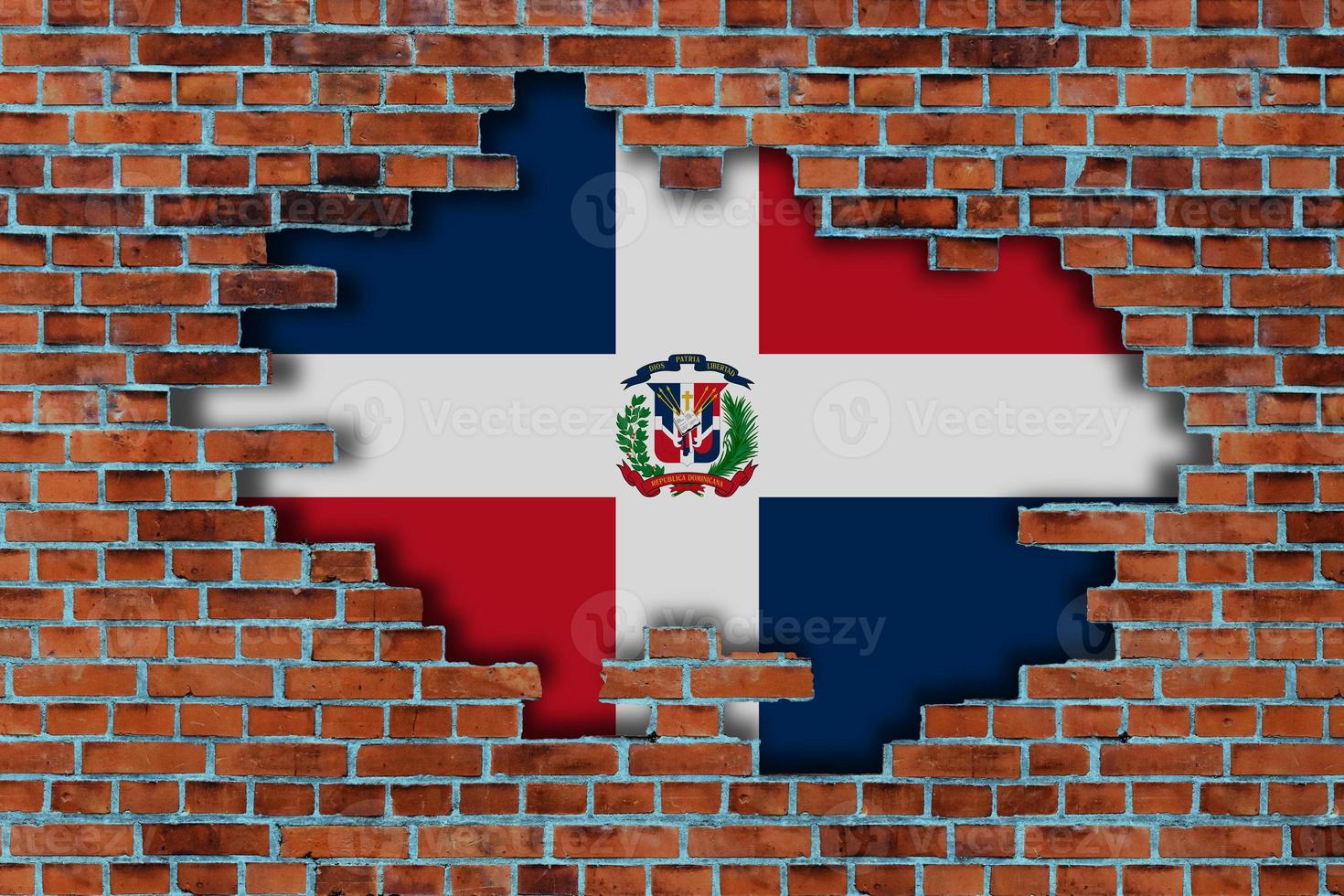 3D Flag of Dominican Republic behind the broken old stone wall background. photo