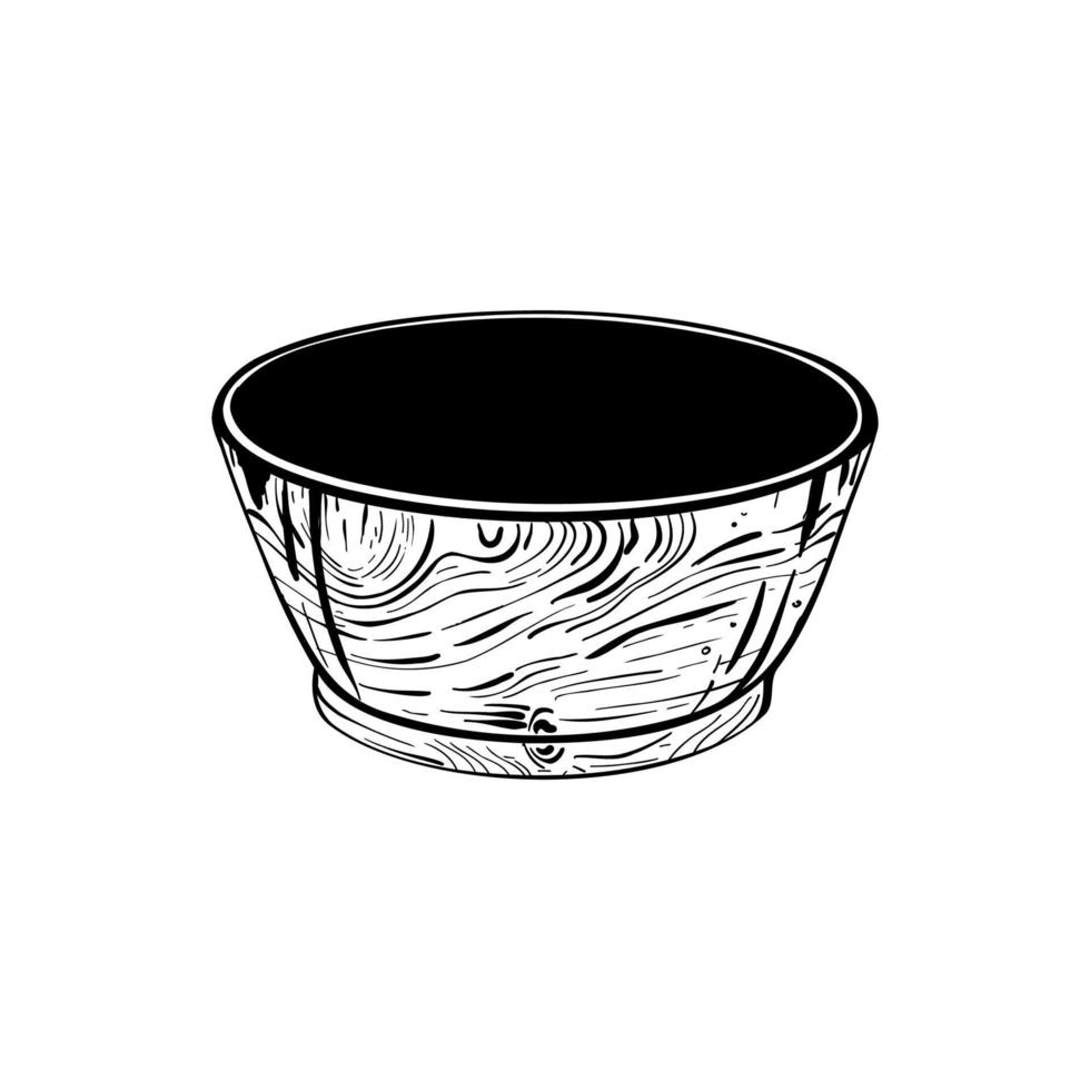 Vector illustration of empty wooden bowl on white background. Black outline, graphic drawing in curves. For postcards, design and composition decoration, prints, posters, stickers, souvenirs