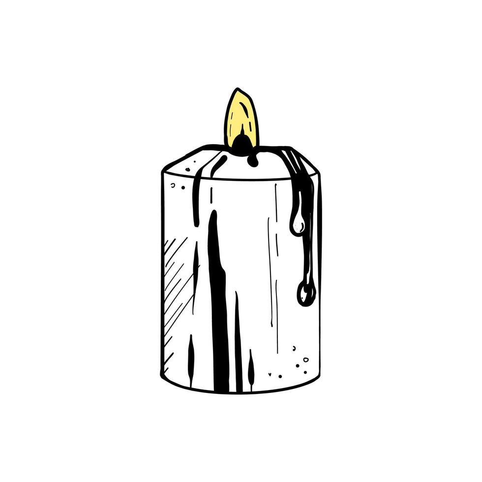 Vector illustration of burning candle on white background. Black outline of aroma candle, graphic drawing. For postcards, design and composition decoration