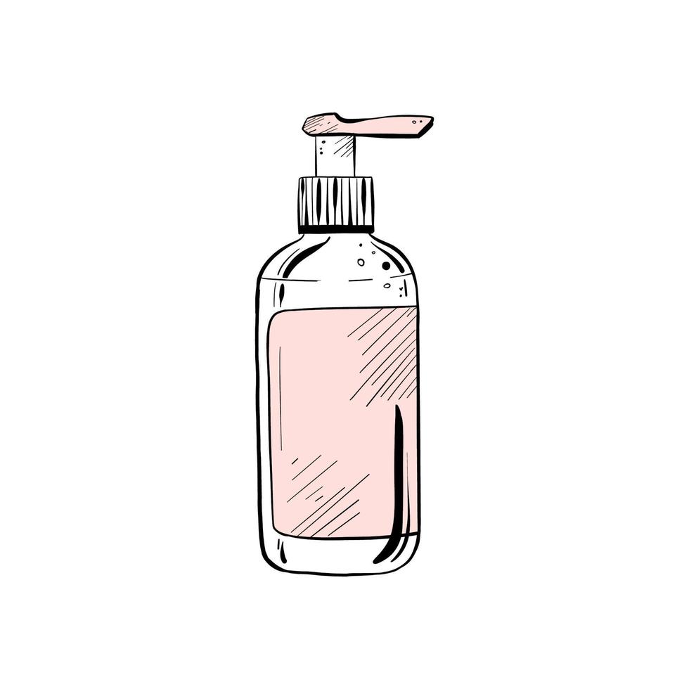 Vector illustration of closed bottle liquid soap dispenser with label on white background. Black outline of container with liquid, graphic drawing. For postcards, design and composition decoration