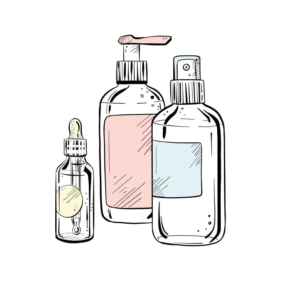 Vector illustration of set of containers on white background. Black outline of the bottles and pipette, graphic drawing. For postcards, design and composition decoration, prints, posters, stickers