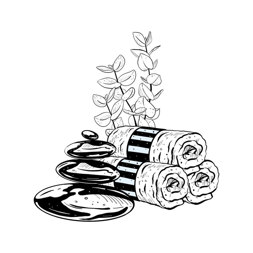 vector ilustración de conjunto de retorcido toallas, cosmético piedras y plantas en blanco antecedentes. negro describir, gráfico dibujo. para postales, diseño y composición decoración