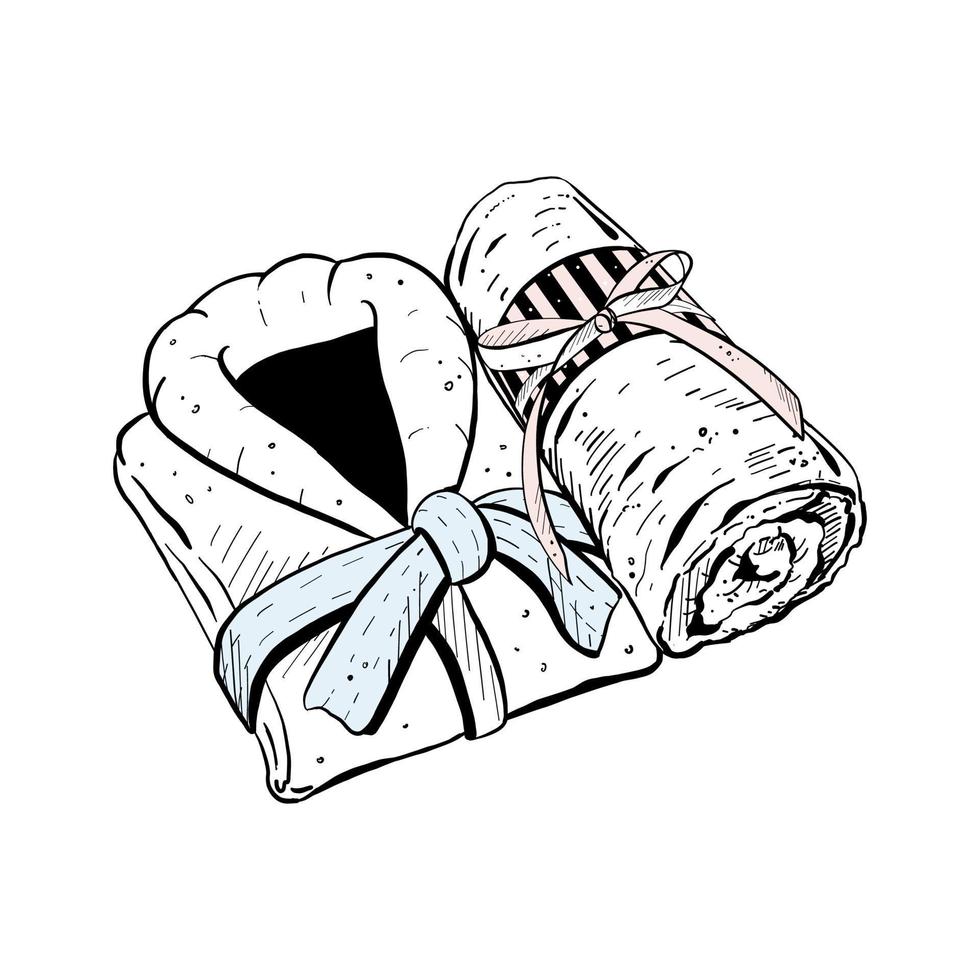 Vector illustration of set with twisted towel and folded bathrobe on white background. Black outline of new fresh wrappers, graphic drawing. For postcards, design and composition decoration