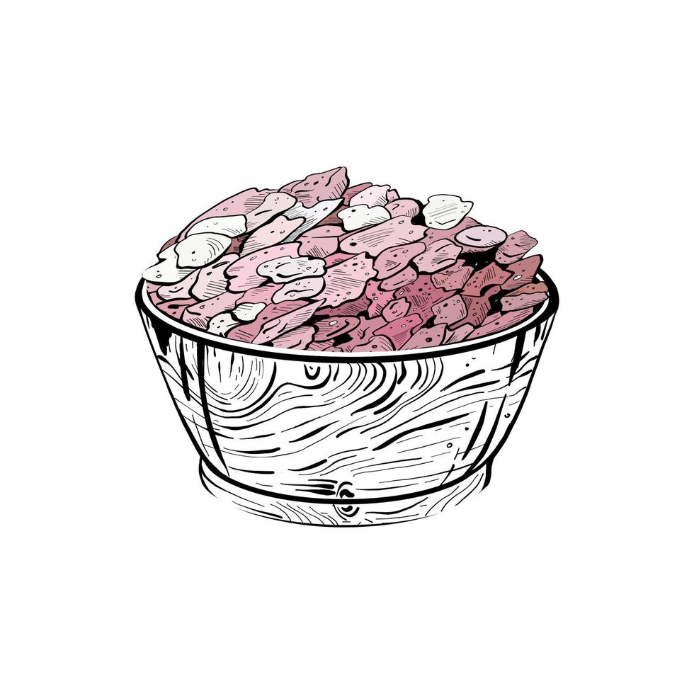 Vector illustration of cosmetic pink sea salt on wooden bowl on white background.